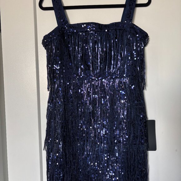 Lulus Fringe Fashion Navy Sequin Fringe Bodycon Mini Dress Blue - Size L - Picture 3 of 3